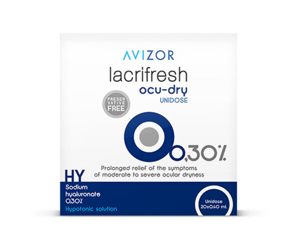 Augenerfrischung und Nachbenetzung mit 0.3% Hyaluron AVIZOR Lacrifresh ocu-dry 0.3% 20 x 0,4 ml