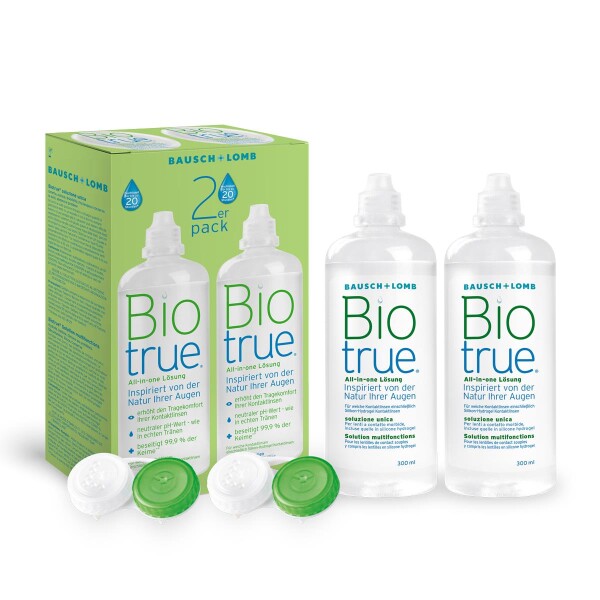 Bausch und Lomb Biotrue Kontaktlinsen-Pflegemittel Kombilösung für weiche Kontaktlinsen, 2er Pack 2 x 300 ml kurzes MHD